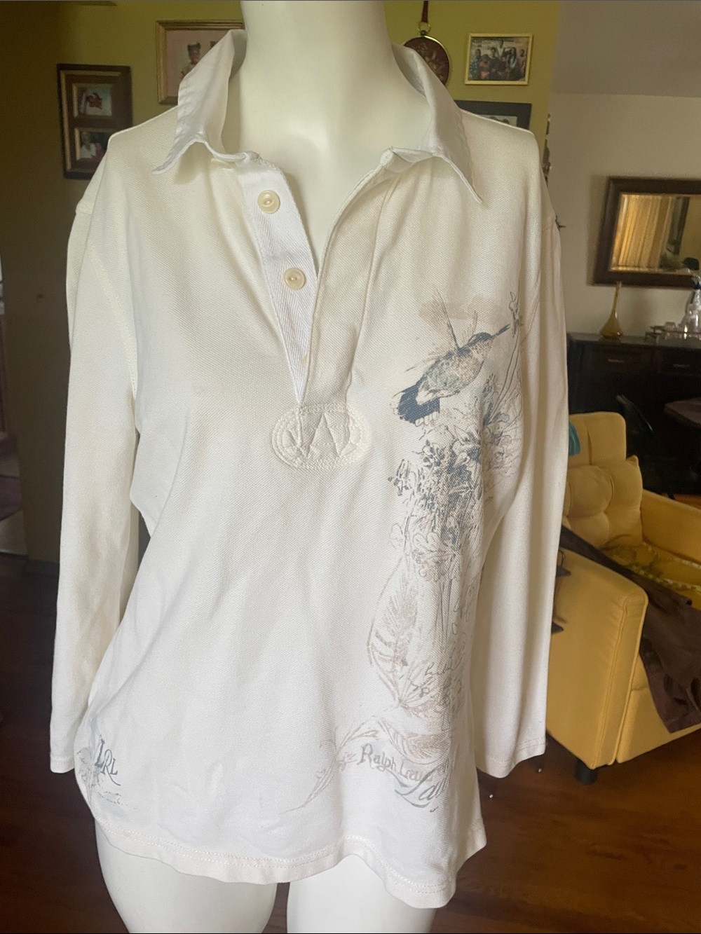 Ralph Lauren Cream Long-Sleeve Polo Top with Subtle Hummingbird Nature Print